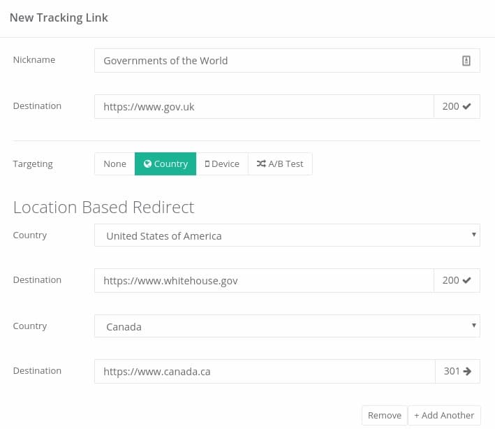 For each country you want to target, enter a specific destination URL.