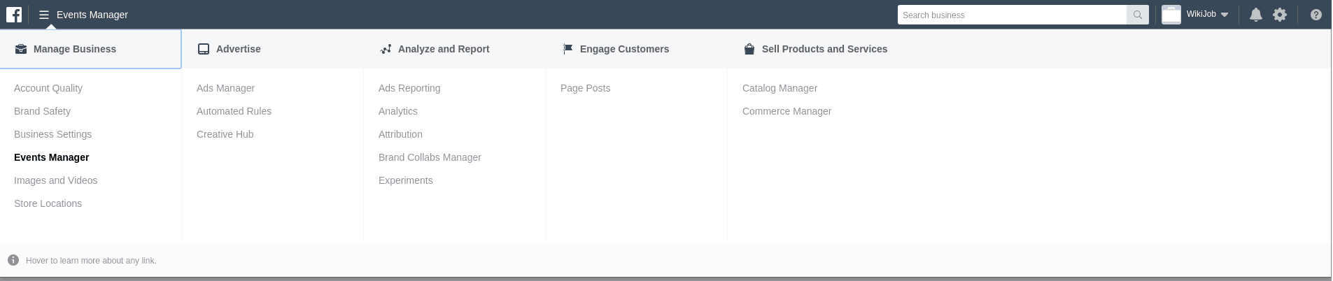 Inside Facebook's Business Manager, click the menu at the top and select **Events Manager**.