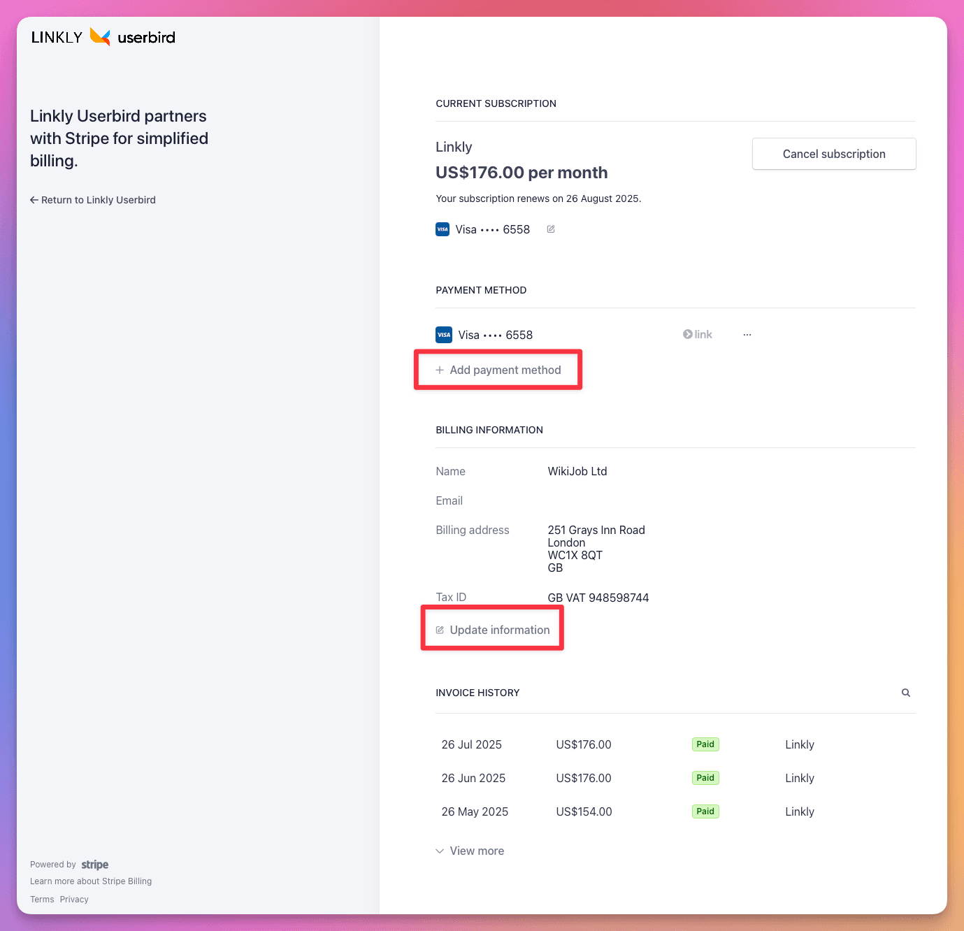Adjust your payment method and billing address