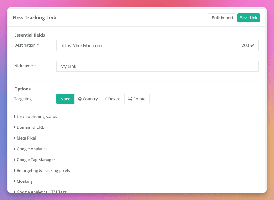 Create a New Link in Linkly and set the destination