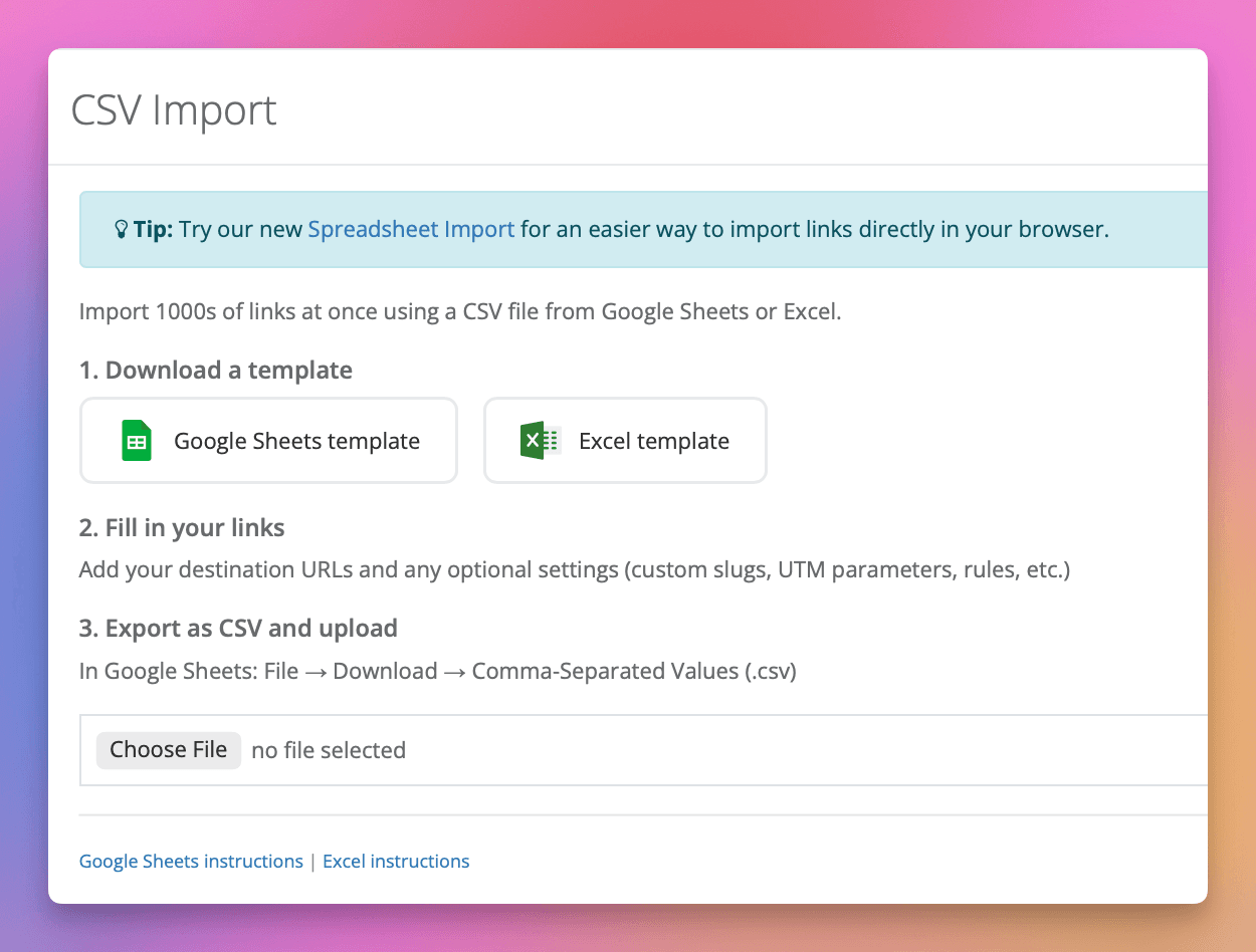 In Linkly, go to **Integrations → Bulk Import**.