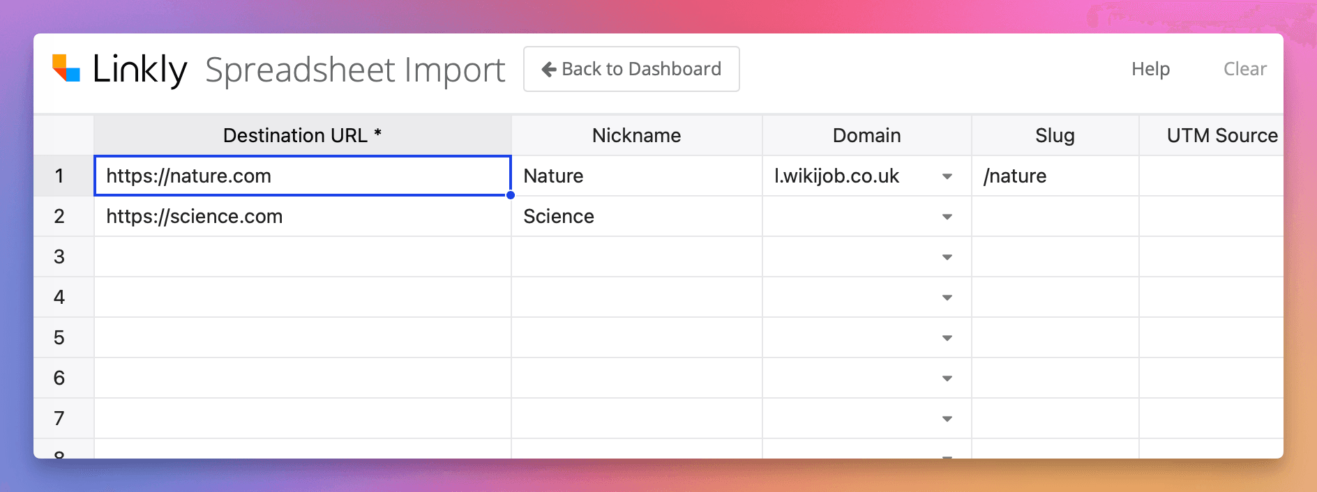 Enter your destination URLs