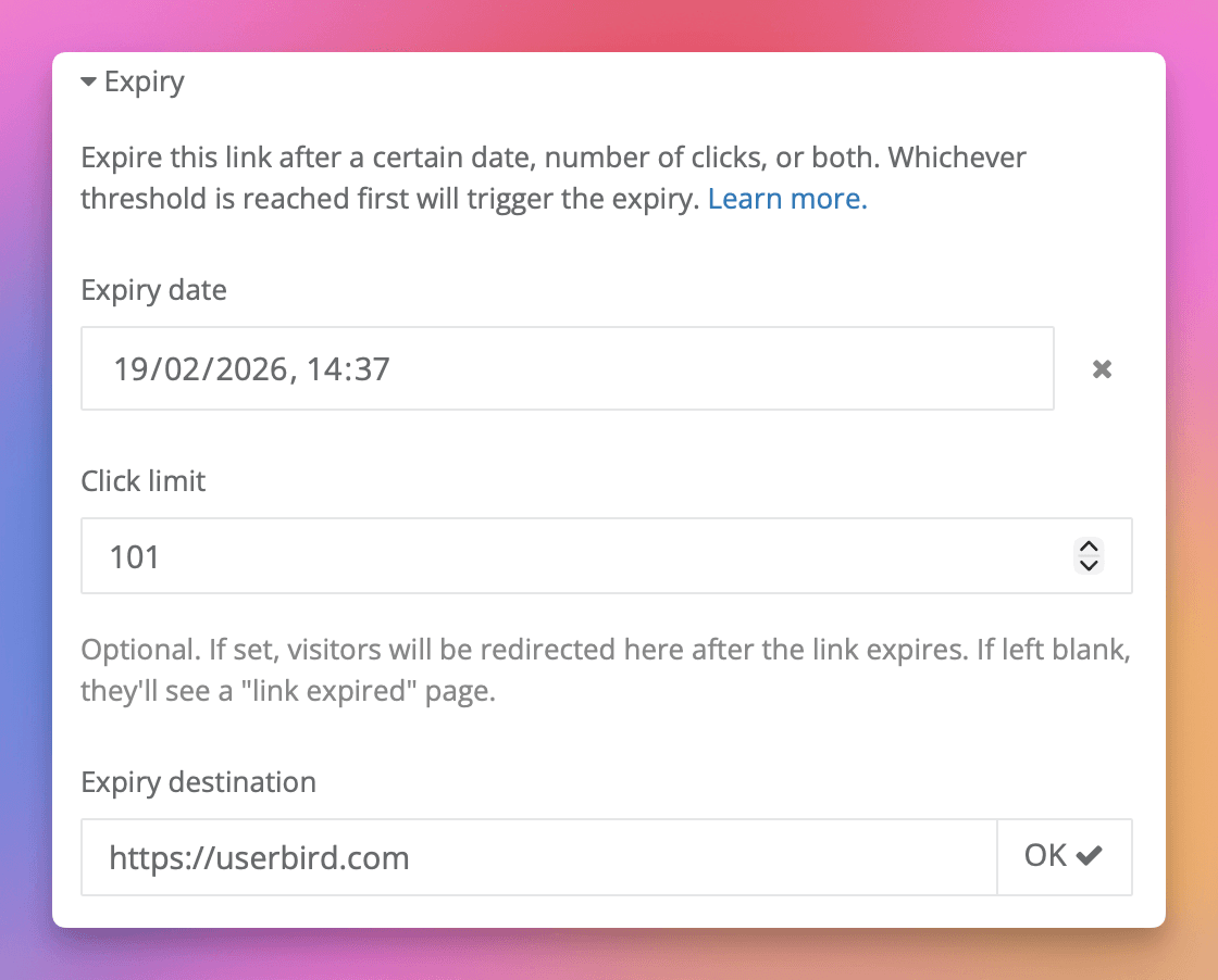 Set an **expiry date**, a **click limit**, or both.
