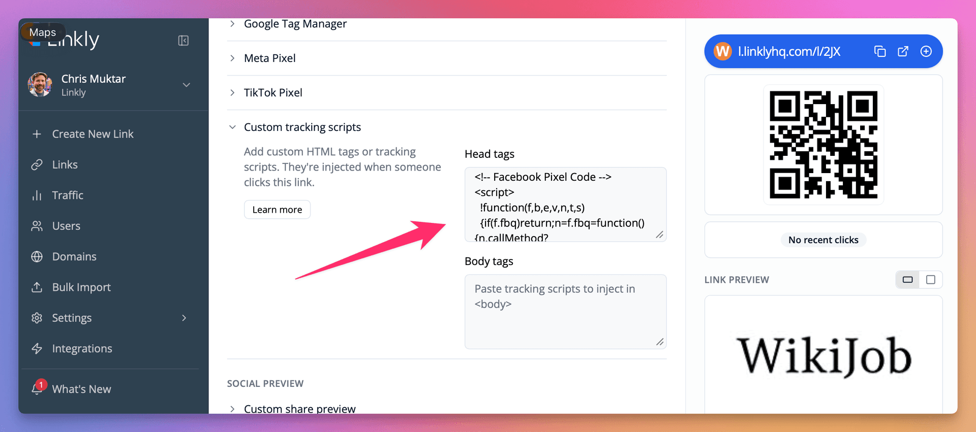 Copy the code and paste it in Linkly, under **Custom Scripts -> Head Tags**.