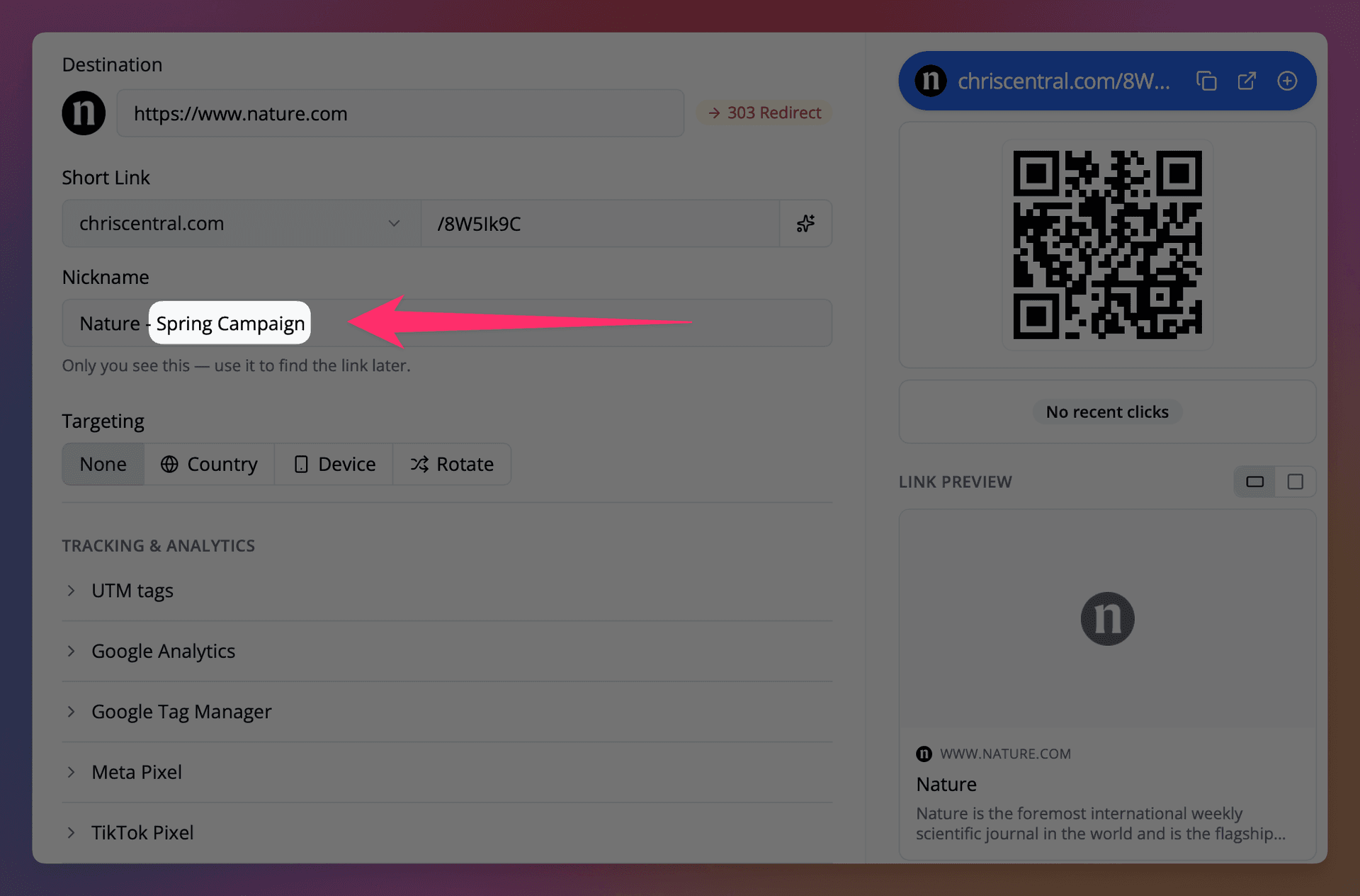 Add a keyword to your link's nickname