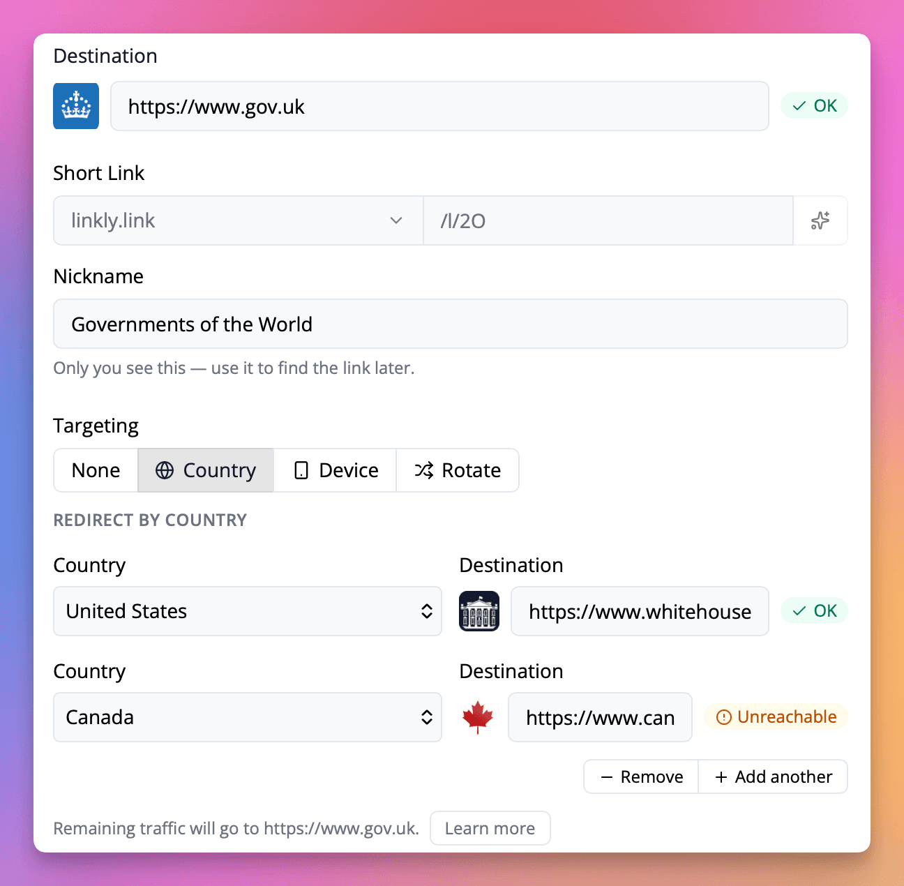 For each country you want to target, enter a specific destination URL.