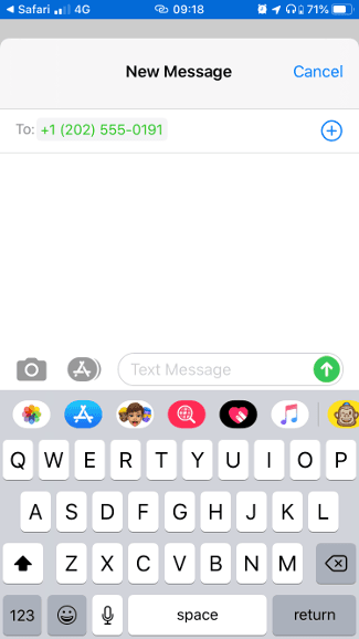 iPhone screen showing the messaging app with a pre-filled number after scanning the QR code