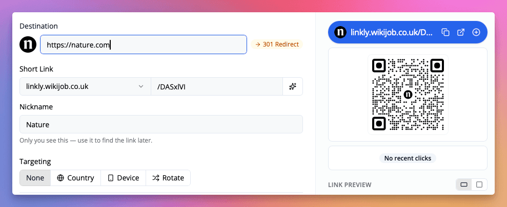 Create a New Link in Linkly and set the destination