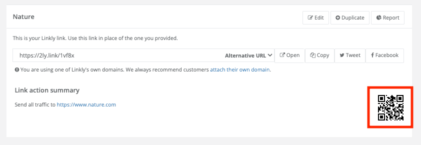 Linkly automatically generates QR codes for every vanity URL you create