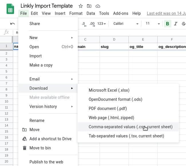 Click **File → Download → Comma-Separated Values (.csv)**.