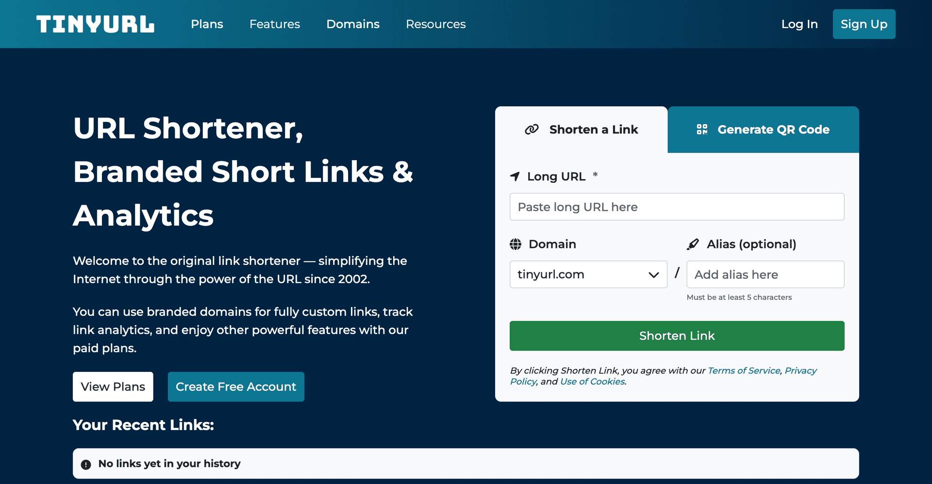 TinyURL homepage showing its simple URL shortening interface