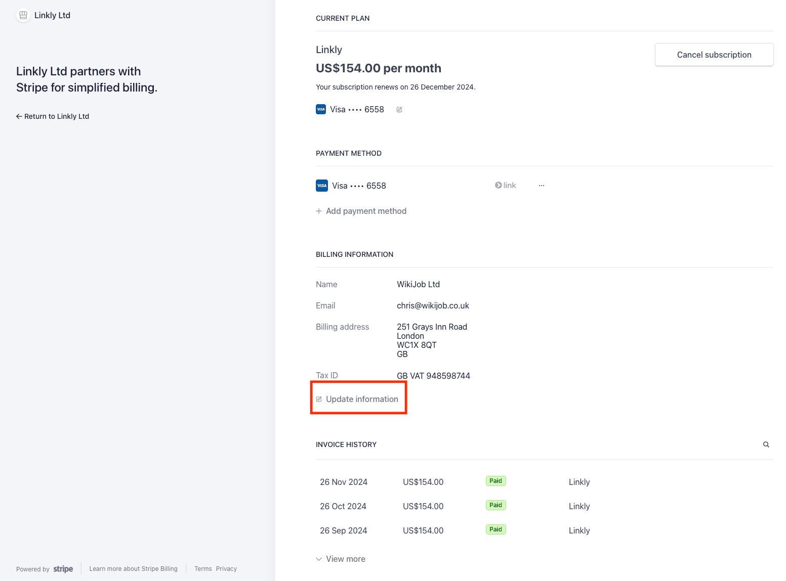 Under **Billing Information**, click **Update Information**
