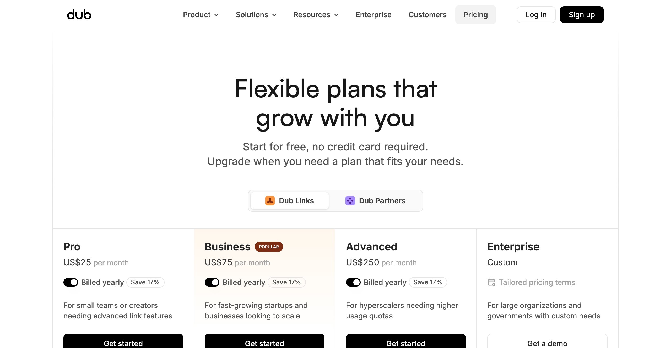 Dub.co pricing page screenshot
