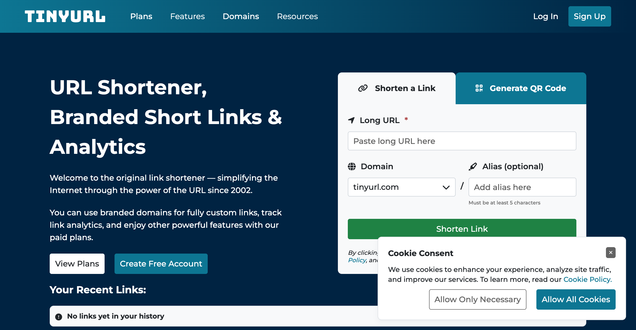TinyURL homepage screenshot